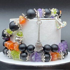 "Hex & Harmony" 3pc Halloween Charm & Gemstone Bracelet Stack